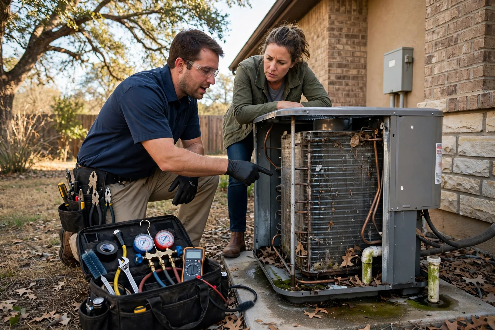 Technician measuring ductwork and reviewing furnace specifications during an installation estimate in Schertz