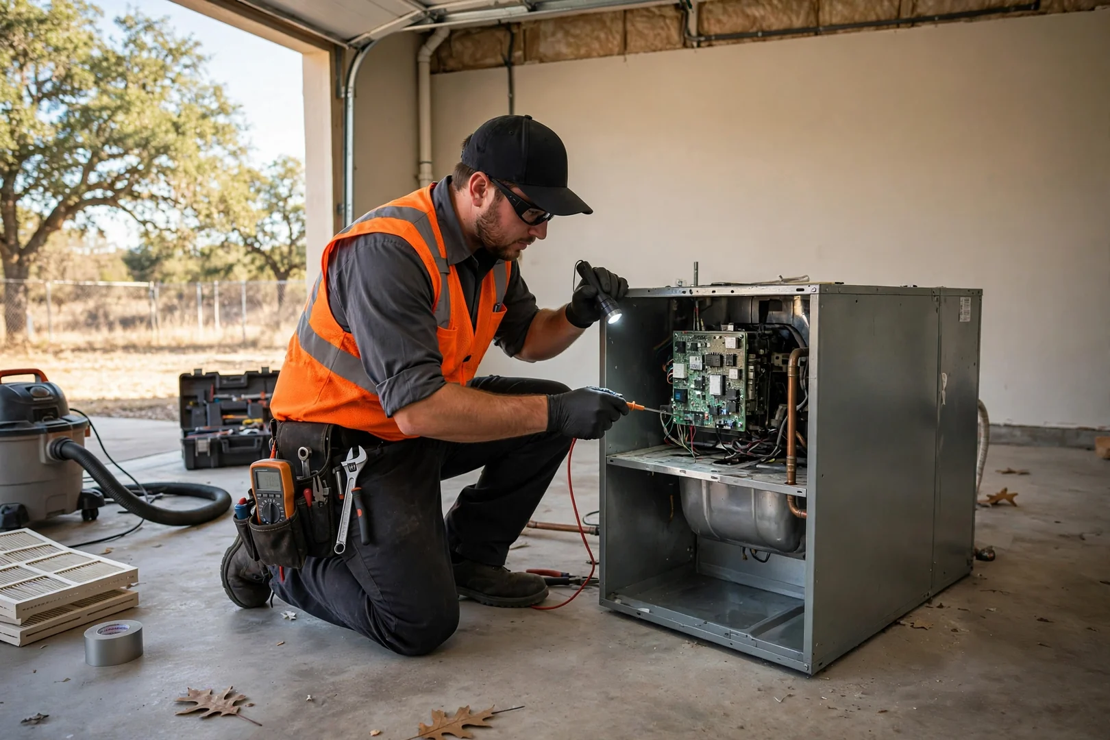 HVAC technician reviewing a new outdoor condenser installation with a homeowner in Schertz