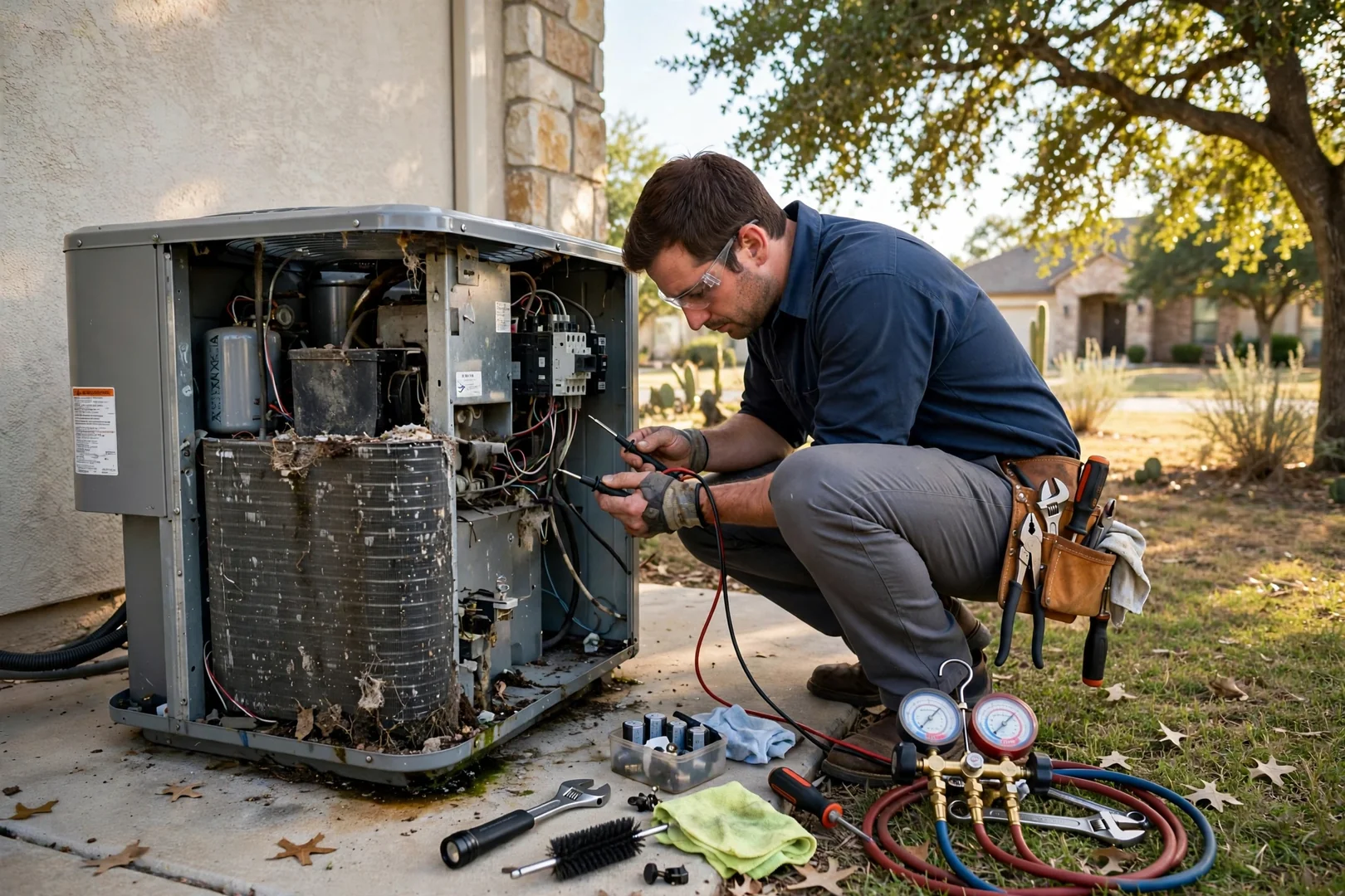 Technician setting a new condenser on a pad outside a Schertz home