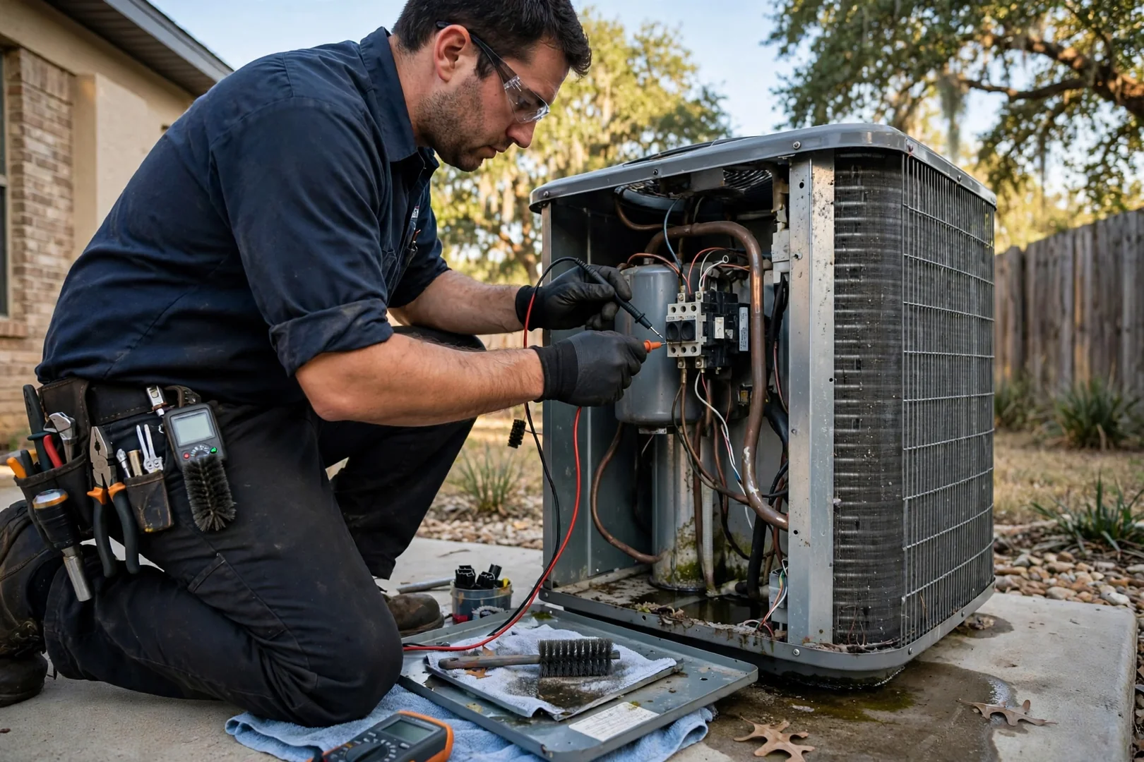Rusted outdoor AC condenser beside a home in Schertz