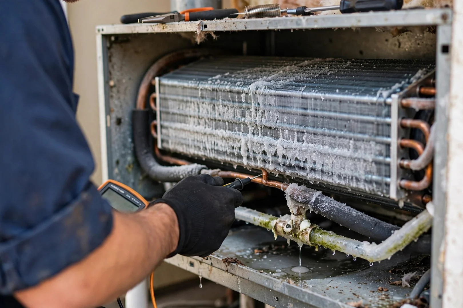 Technician inspecting an older gas furnace for wear