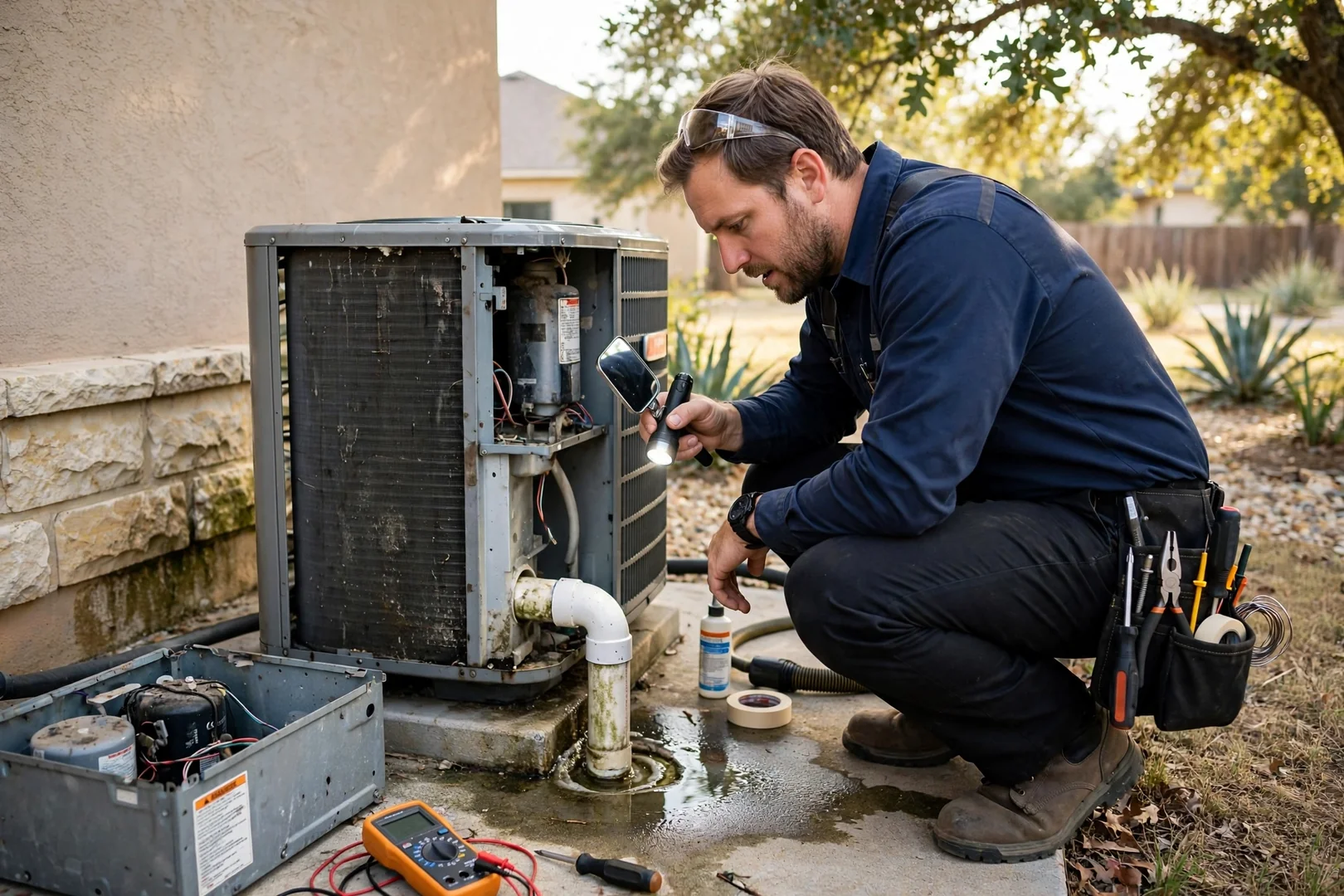HVAC technician installing a new outdoor AC condenser beside a Schertz home