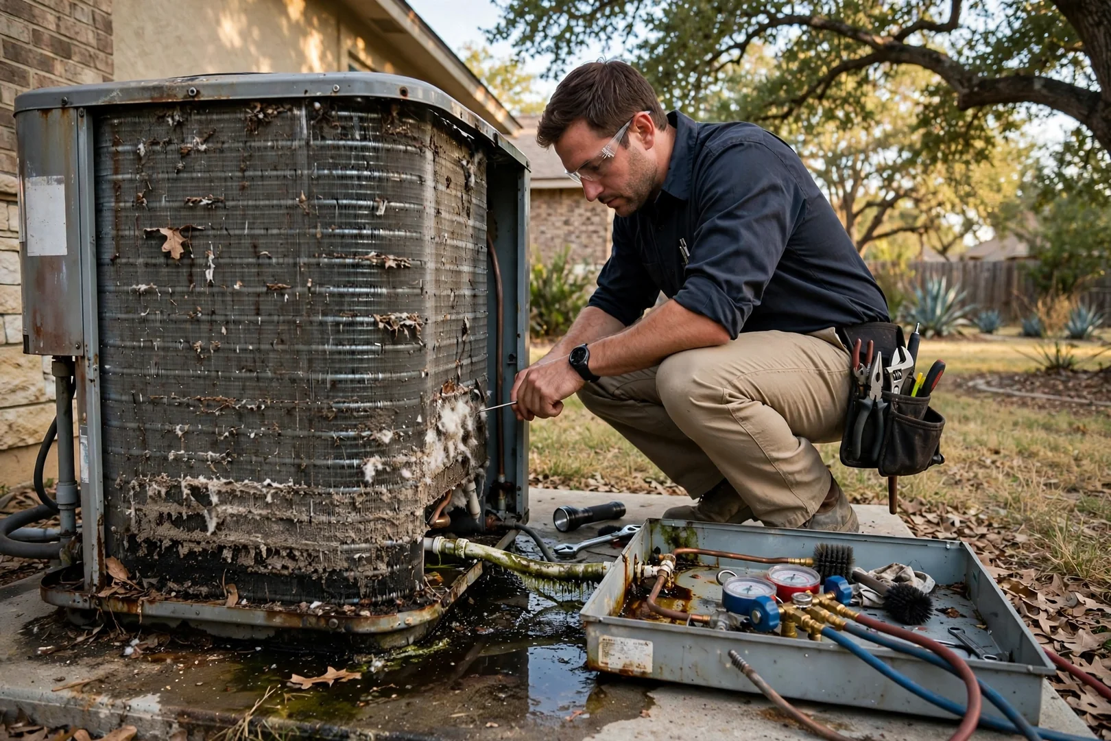 Technician reviewing a written AC repair estimate with a homeowner beside an outdoor condenser