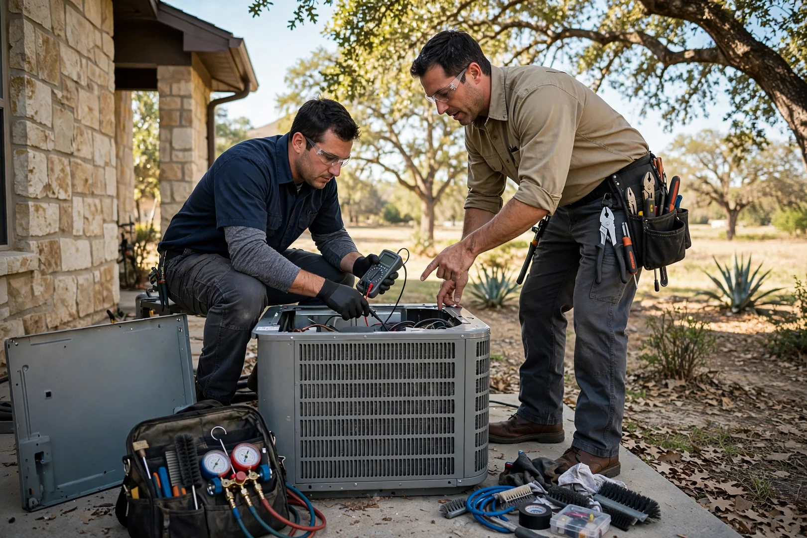 HVAC technician answering homeowner questions beside an air conditioning unit in Schertz