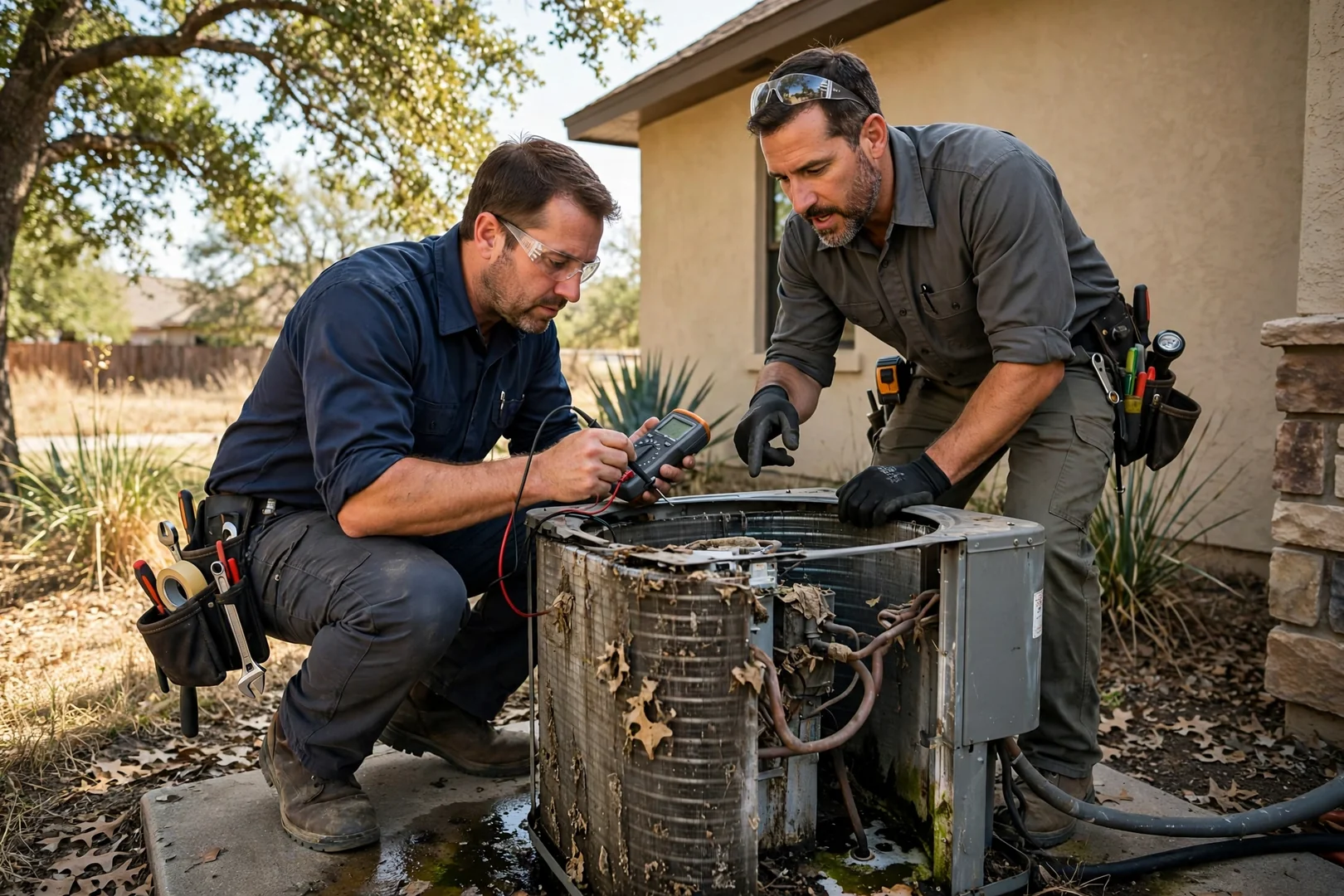 Technician checking refrigerant gauges on an outdoor AC condenser unit