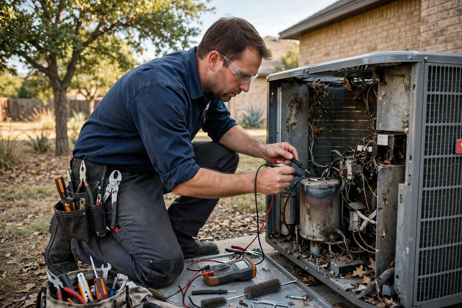 Homeowner checking a warm air vent during a Texas summer