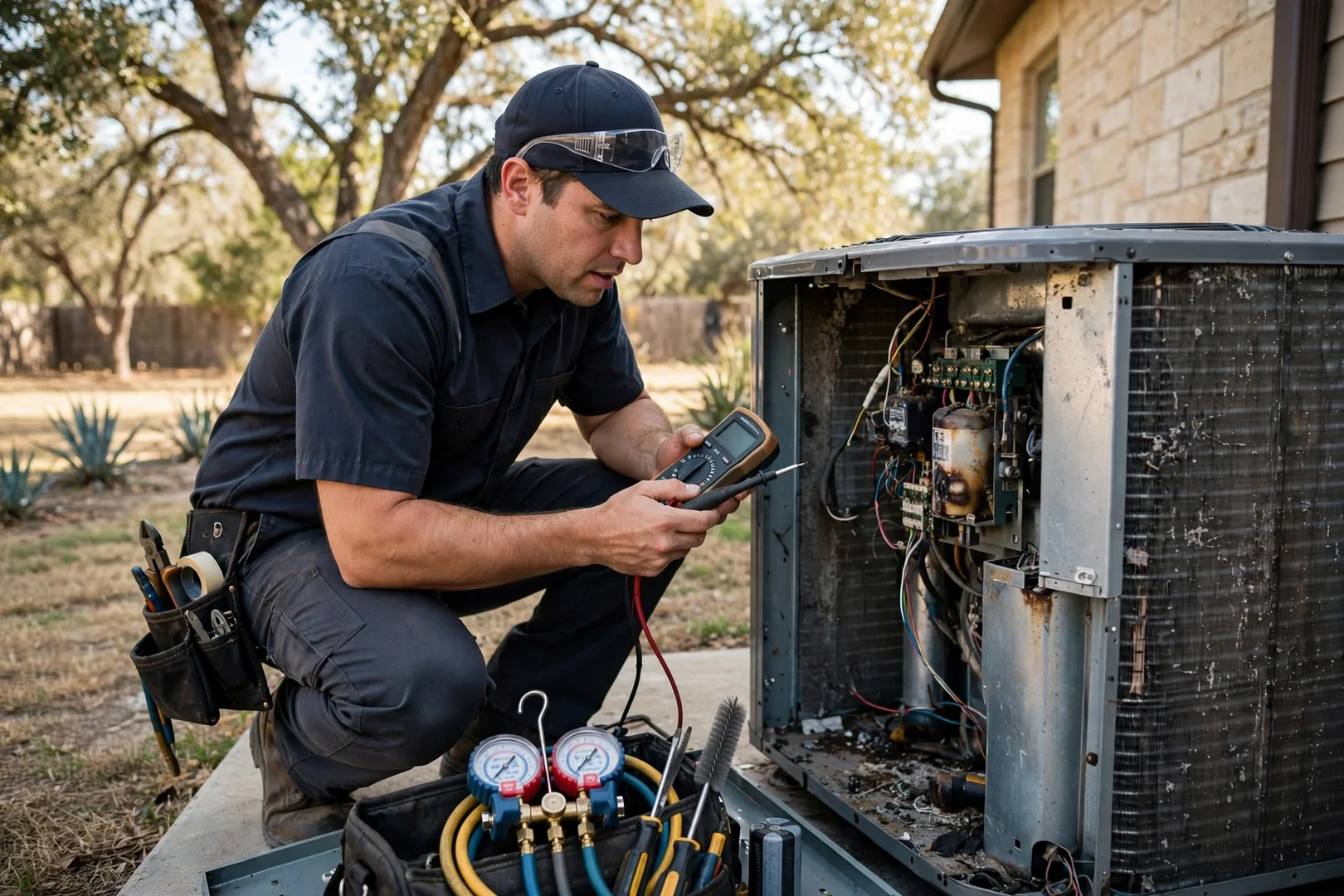 HVAC technician checking refrigerant pressures on an outdoor AC condenser at a Schertz home