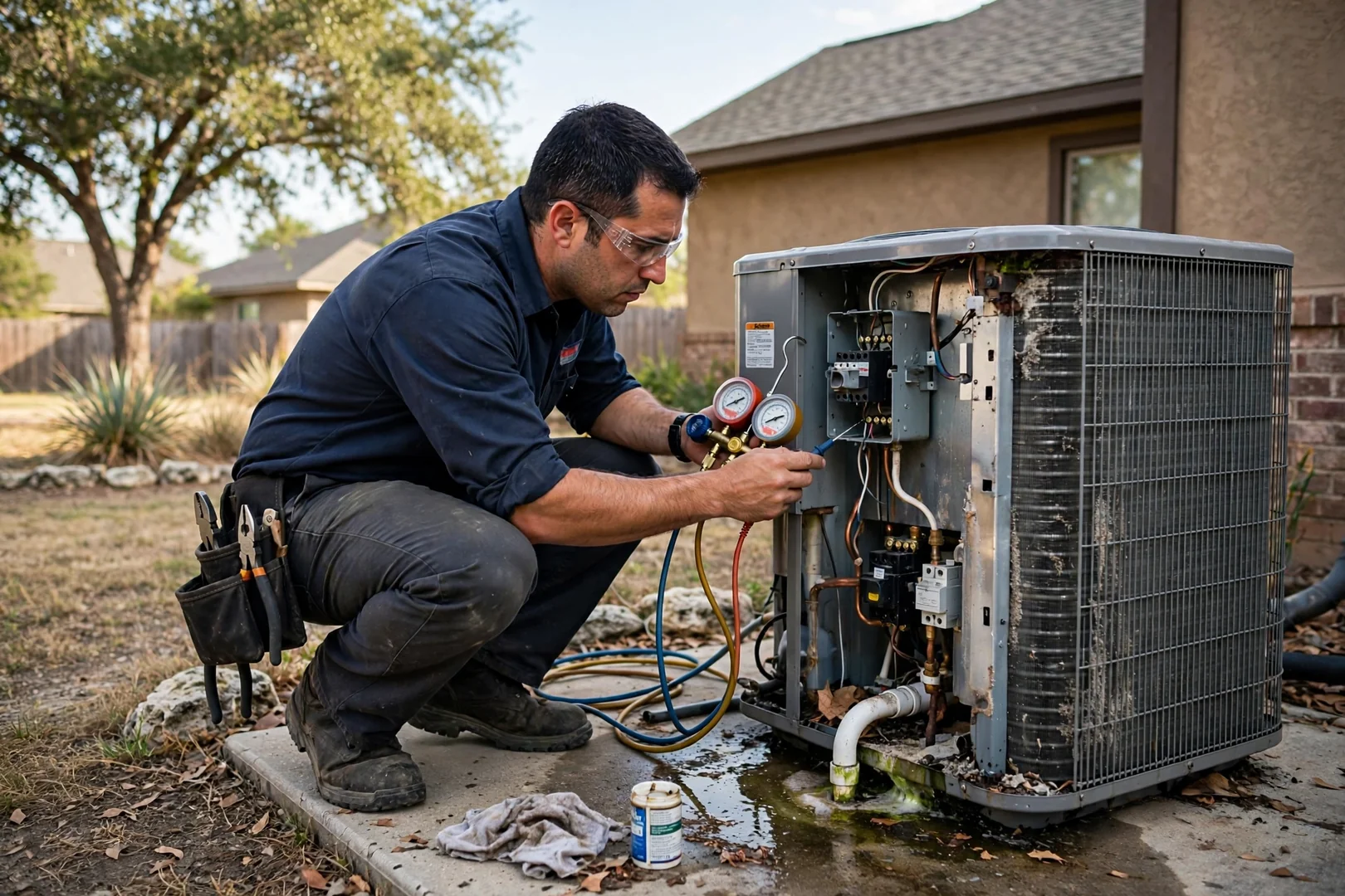 Technician counting supply registers to estimate air duct cleaning cost in a Schertz home