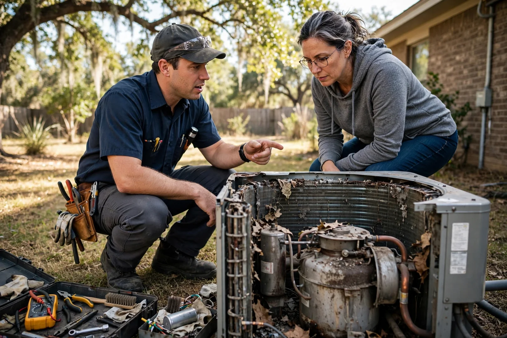 Furnace repair technician reviewing a written estimate with a homeowner in Schertz