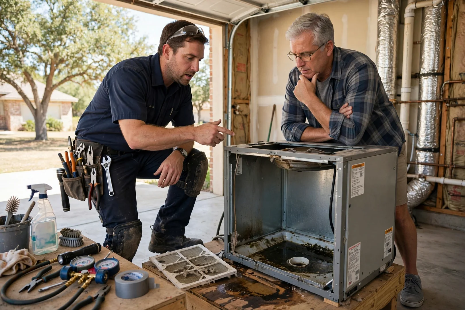 Technician inspecting a gas furnace burner assembly in a Schertz home utility closet