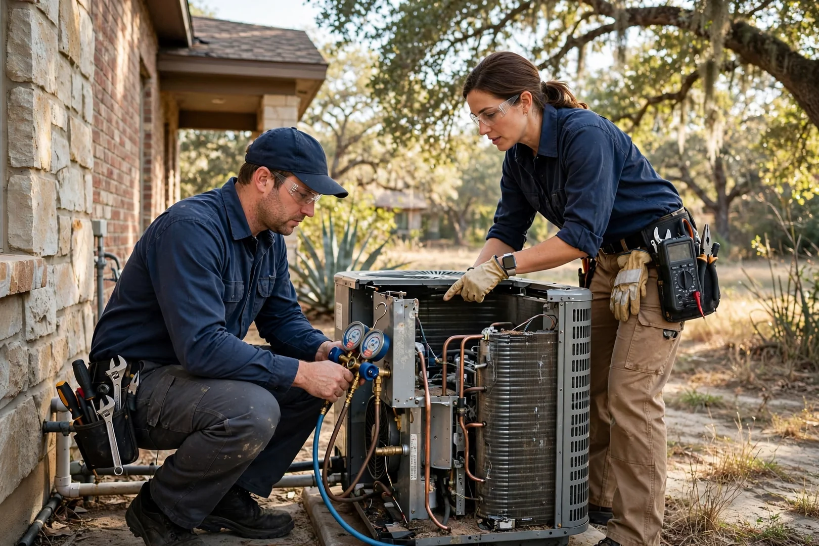 HVAC technician inspecting an outdoor air conditioning condenser at a Schertz home