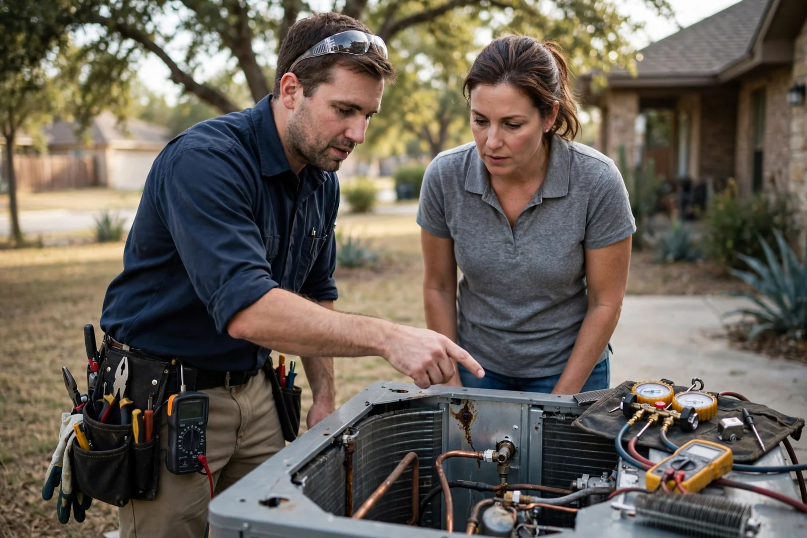 HVAC technician reviewing a written estimate with a homeowner beside an indoor furnace unit