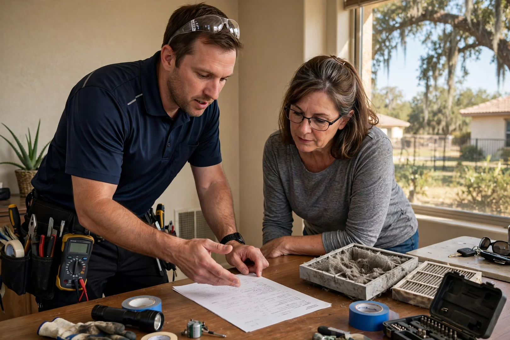 Technician reviewing a written HVAC repair estimate with a homeowner in Schertz