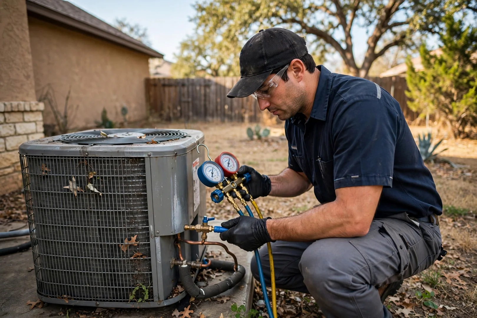 HVAC technician checking refrigerant pressure on an outdoor condenser unit