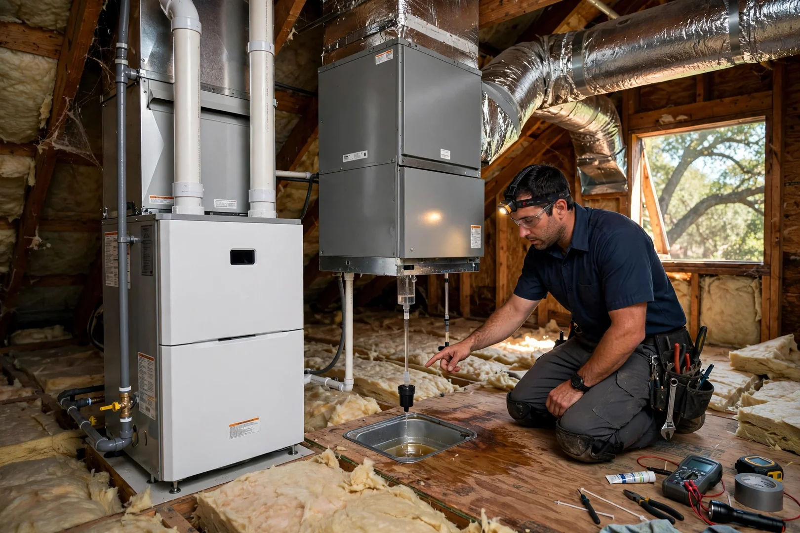 Newly installed high efficiency furnace and air handler in a residential attic