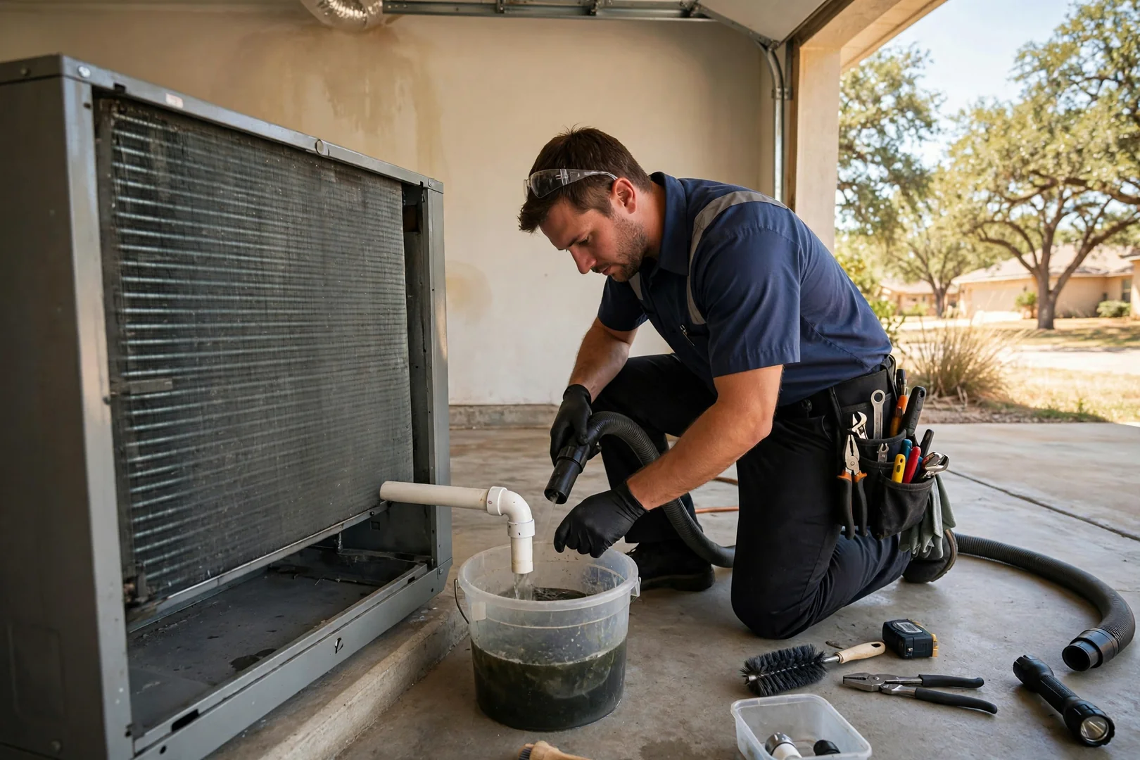 HVAC technician inspecting an outdoor AC condenser at a Schertz home