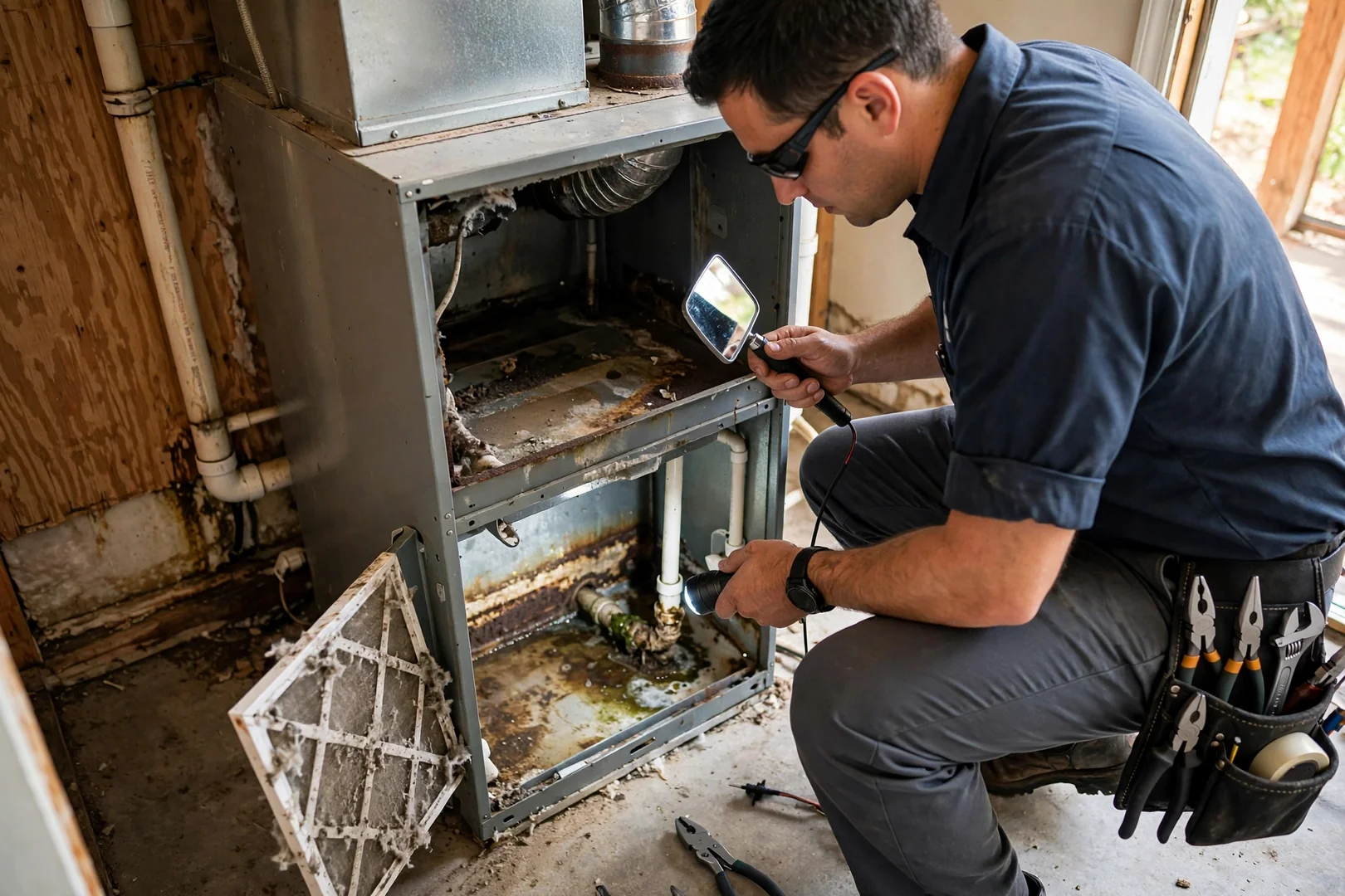 Technician checking refrigerant pressure with manifold gauges