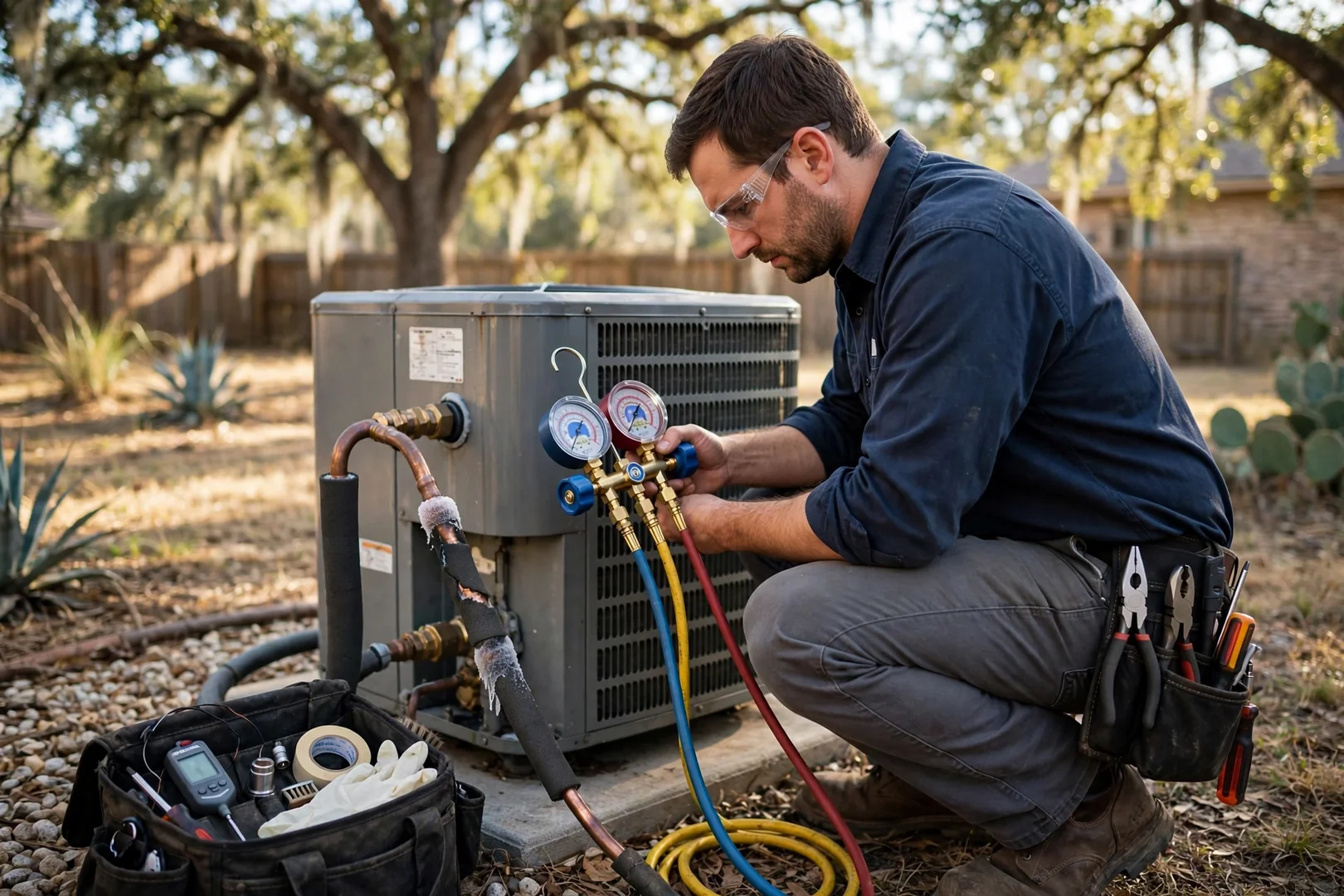 HVAC technician checking refrigerant pressures with manifold gauges on an outdoor condenser unit