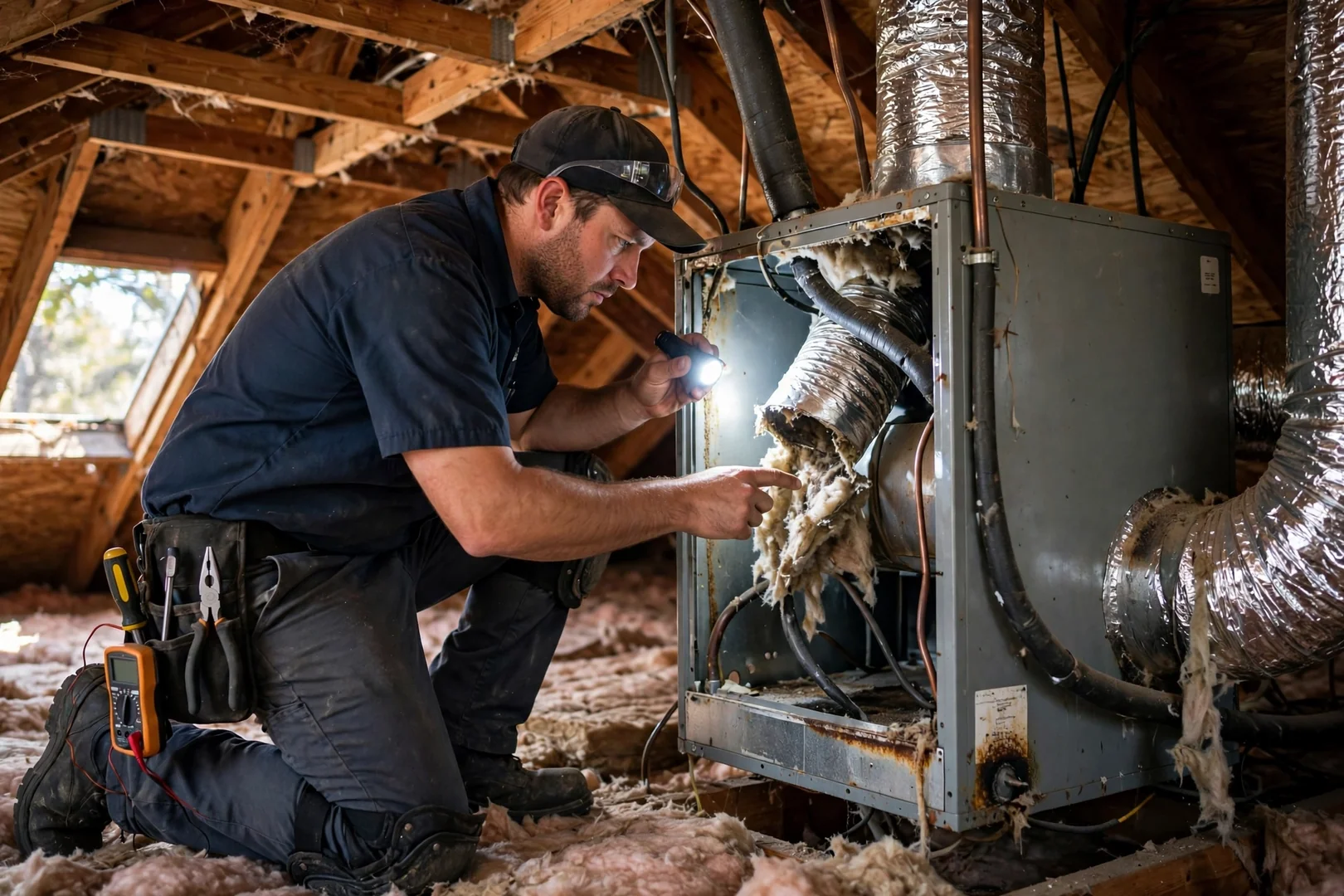 Technician inspecting an attic air handler and ductwork in a Schertz home