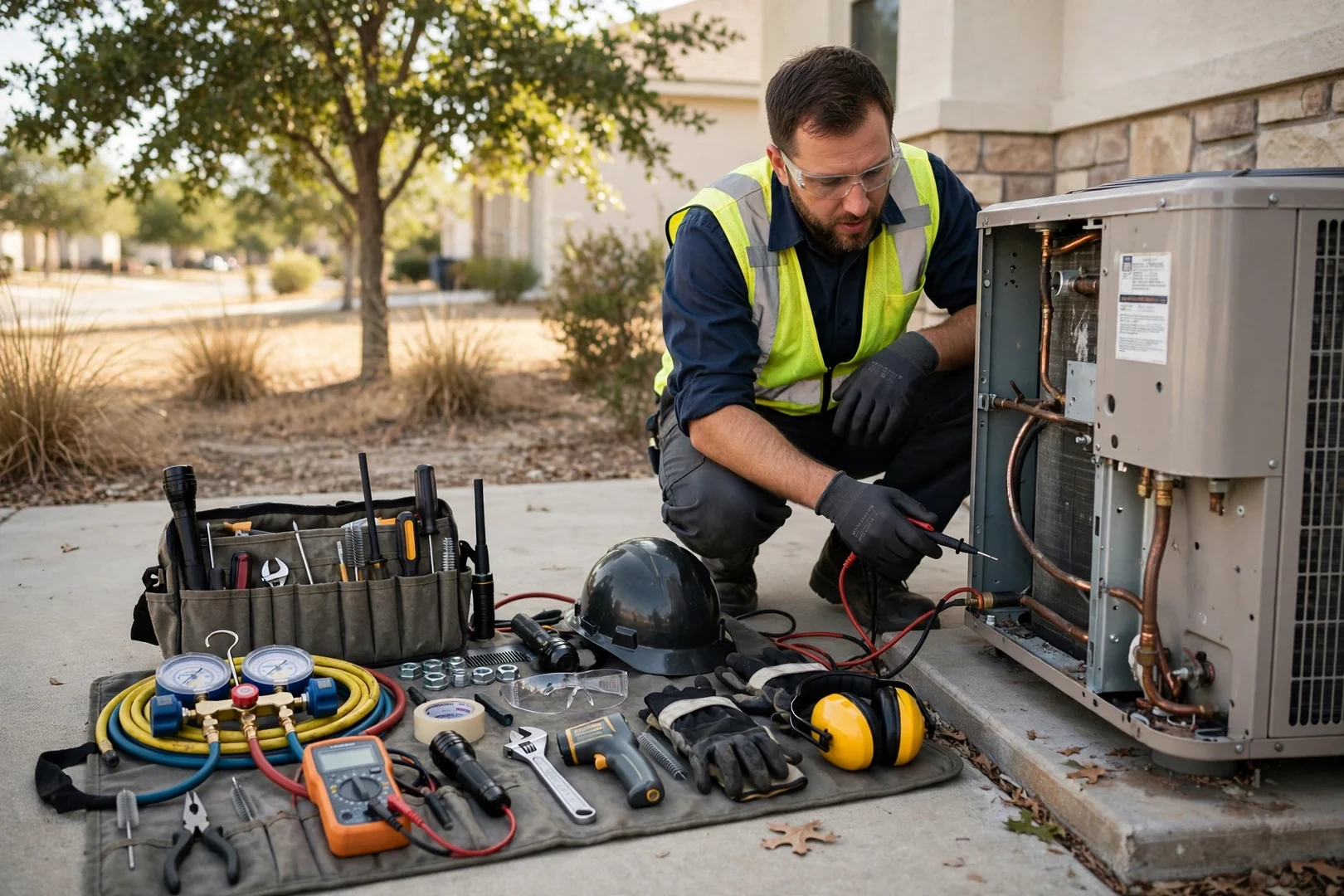 Organized HVAC diagnostic tools and safety gear prepared before a service call
