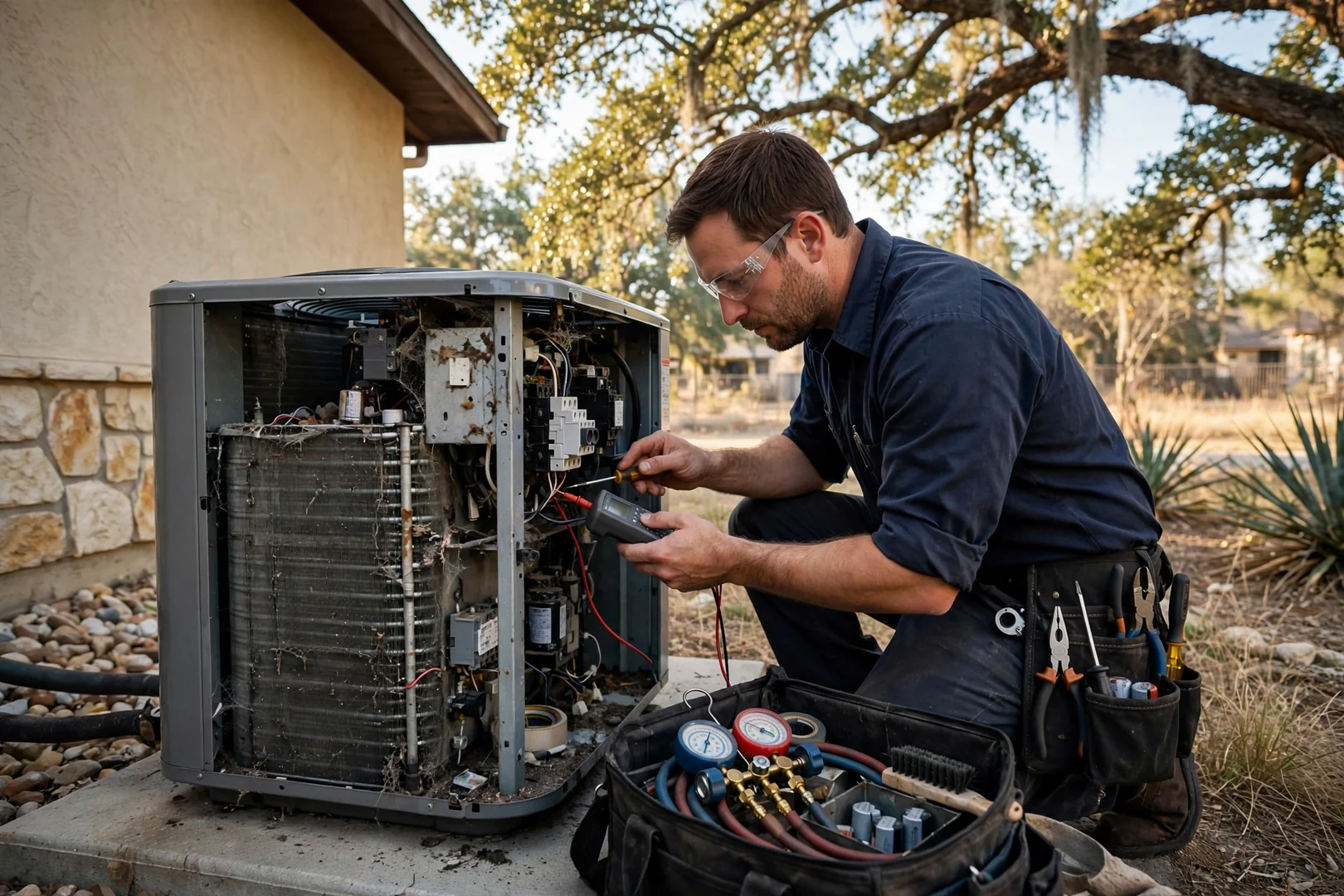 Homeowner adjusting a smart thermostat in a Schertz living room during summer