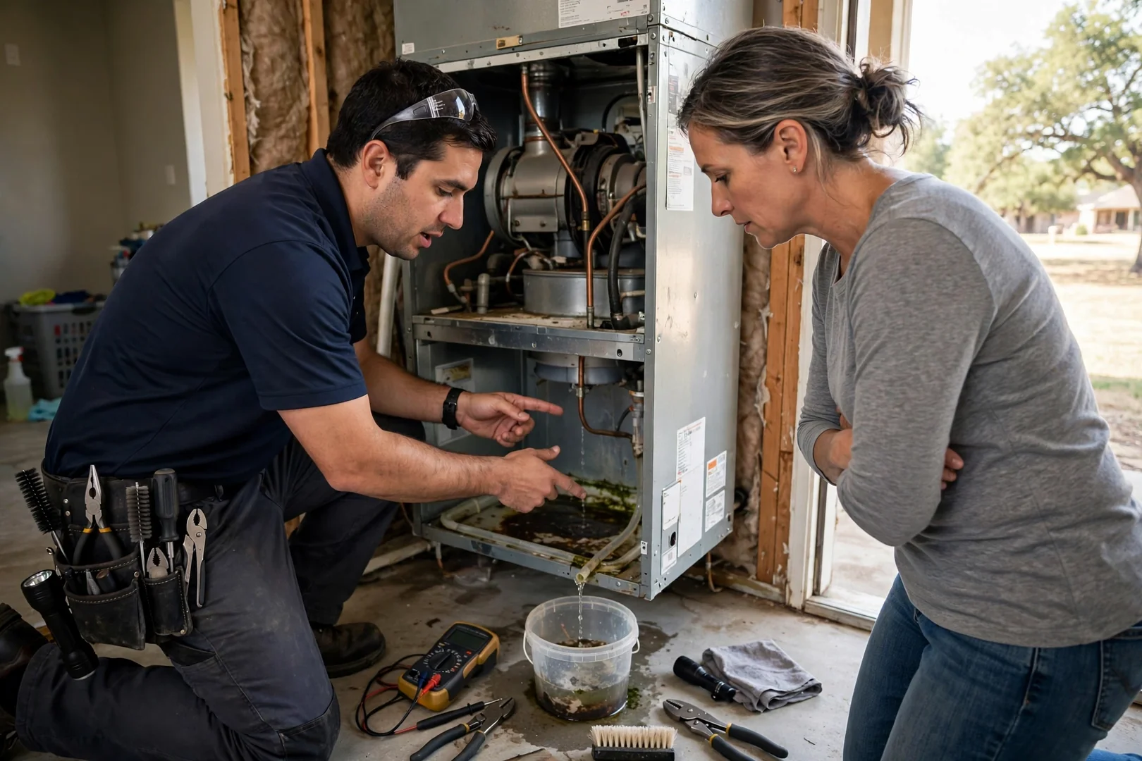 Technician checking refrigerant pressure on an outdoor AC condenser at a Schertz home