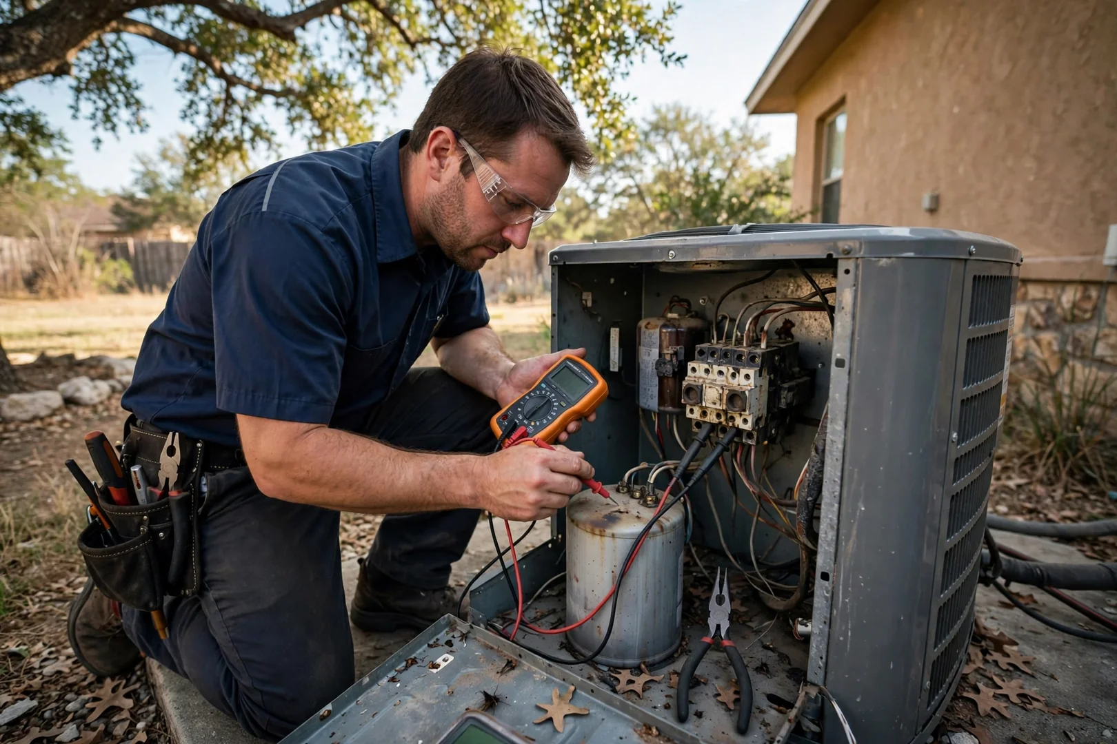 HVAC technician testing electrical components inside an outdoor AC unit in Schertz
