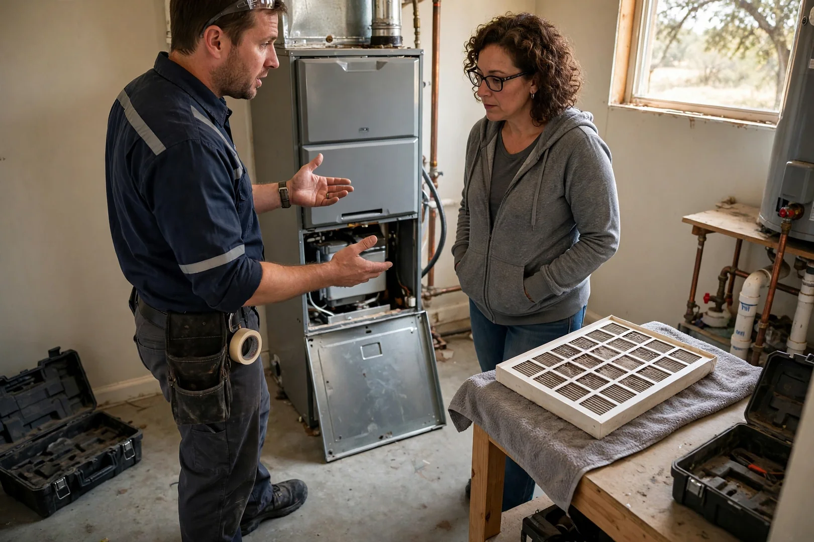 Technician walking a homeowner through a completed furnace repair and system check