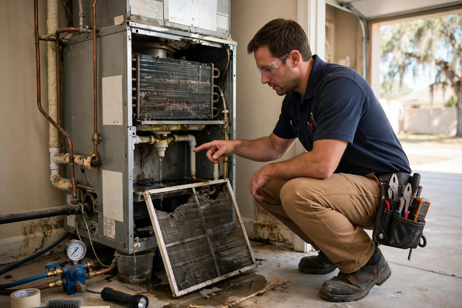 Technicians organizing HVAC gauges, refrigerant hoses, and diagnostic tools inside a service van