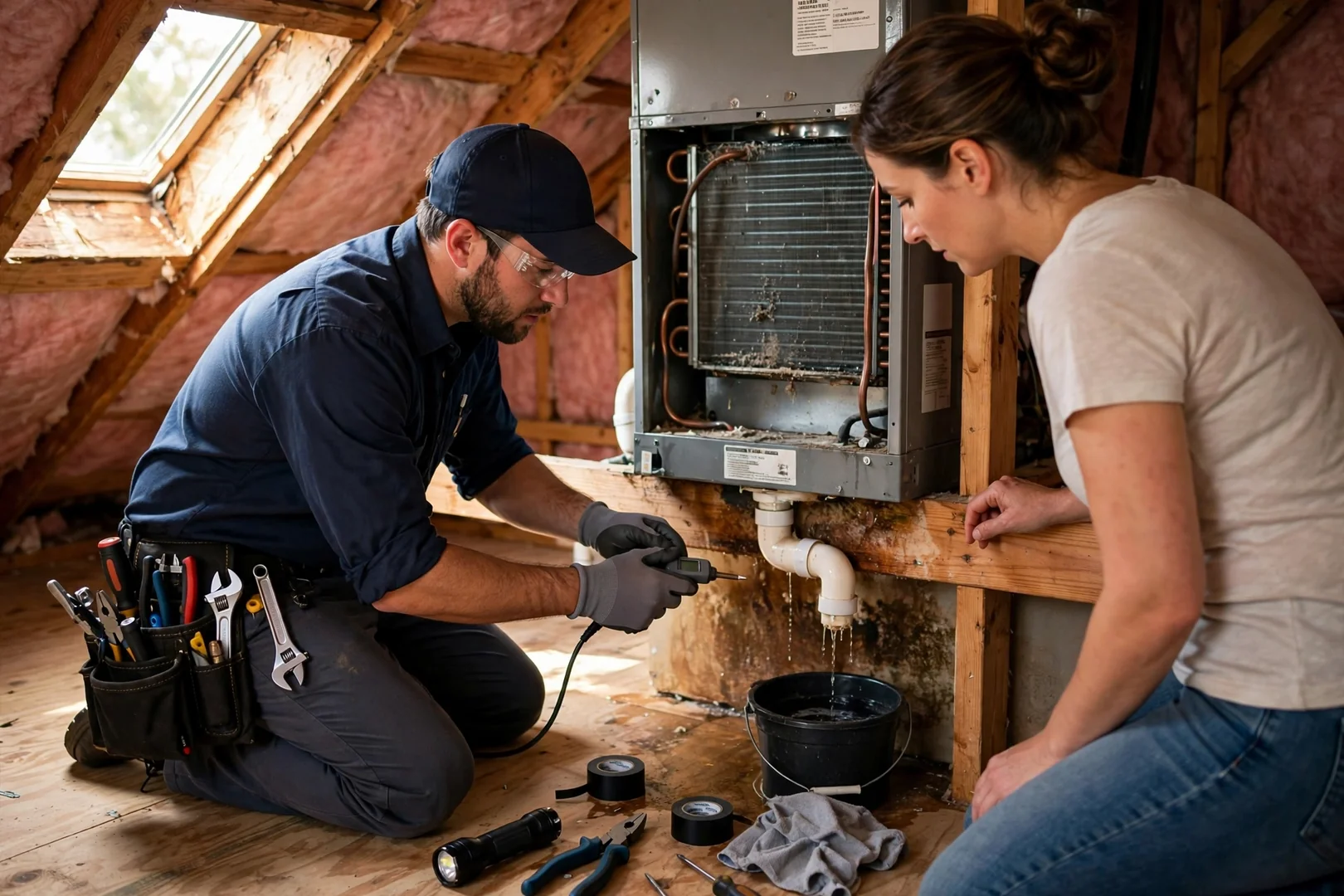 Technician reviewing a written HVAC tune-up estimate with a homeowner beside an indoor air handler