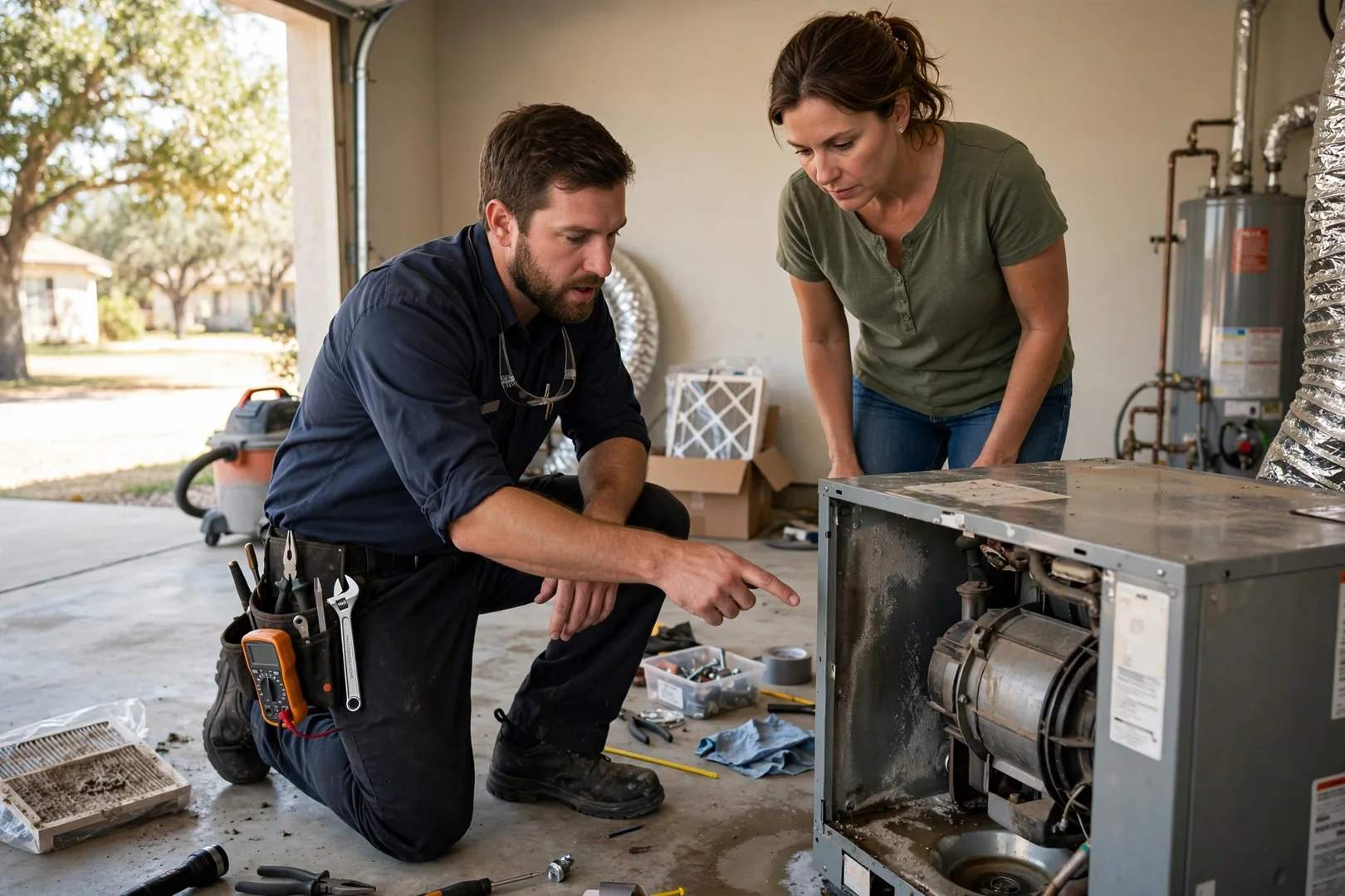 HVAC technician checking refrigerant pressure on an outdoor condenser during a seasonal tune-up in Schertz