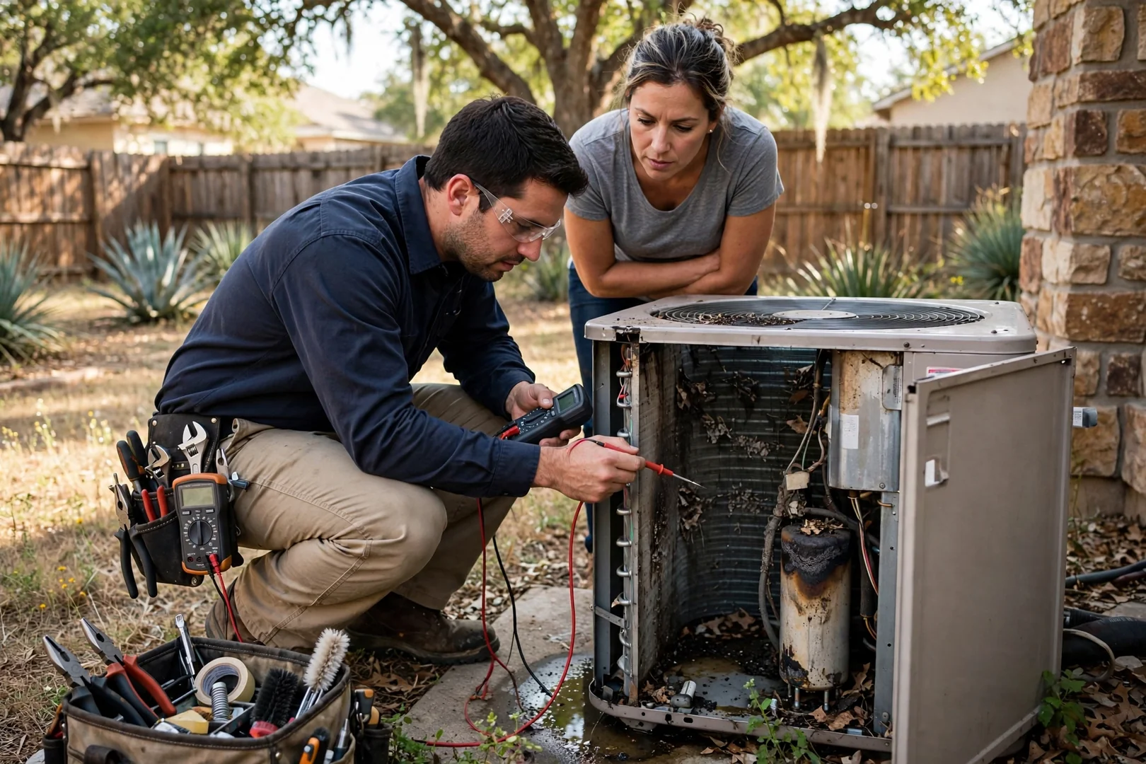 Technician inspecting an outdoor AC condenser during a tune-up visit