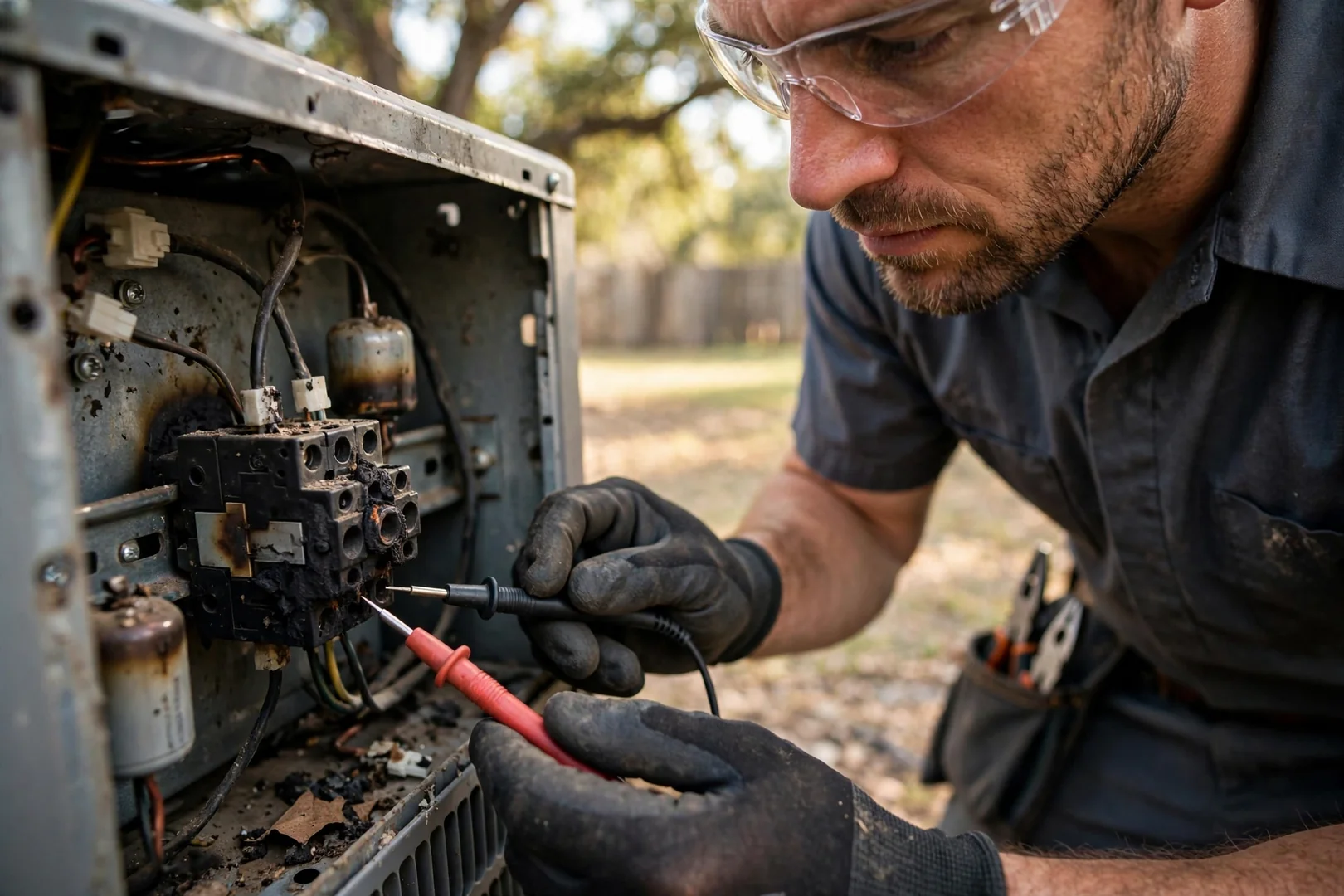 Technician reading refrigerant gauges on an outdoor AC