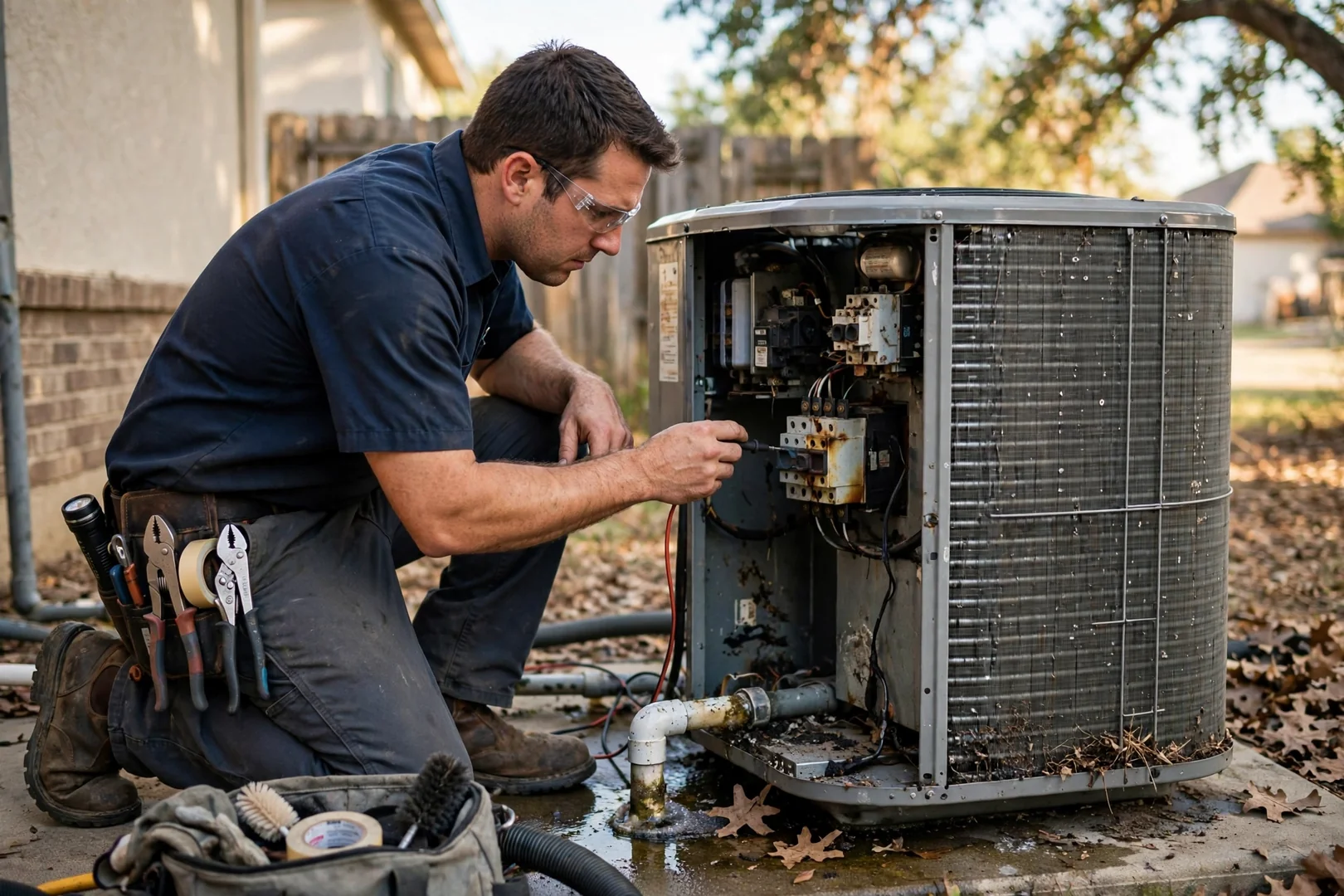 Technician measuring refrigerant pressures during an HVAC tune-up at a Schertz home